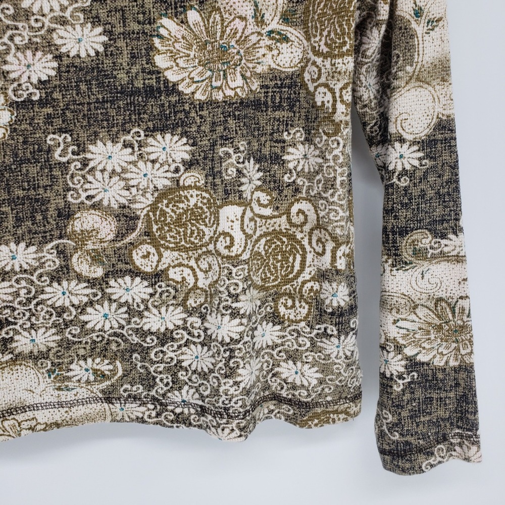 Vintage Y2K Floral Waffle Knit Top Women Small Olive Cream Long Sleeve Lace Trim - Picture 4 of 7